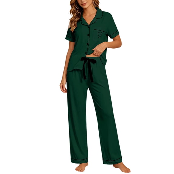 MEZZALL Women's 2 Piece Pajama Set Short Sleeve Button Down Tops With Long Pants Sleepwear with Heart Printed Pocket Summer Loungewear Versatile Pjs
