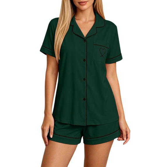 MEZZALL Women's 2 Piece Pajama Set Short Sleeve Button Down Tops With Shorts Sleepwear with Heart Printed Pocket Summer Loungewear Versatile Pjs