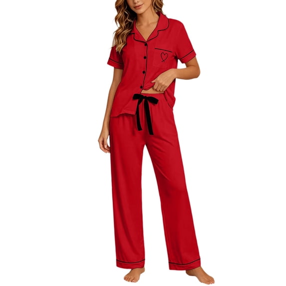 MEZZALL Women's 2 Piece Pajama Set Short Sleeve Button Down Tops With Long Pants Sleepwear with Heart Printed Pocket Summer Loungewear Relaxed Fit Pjs