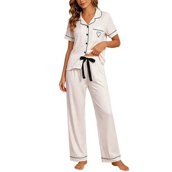 MEZZALL Women's 2 Piece Pajama Set Short Sleeve Button Down Tops With Long Pants Sleepwear with Heart Printed Pocket Summer Loungewear Relaxed Fit Pjs