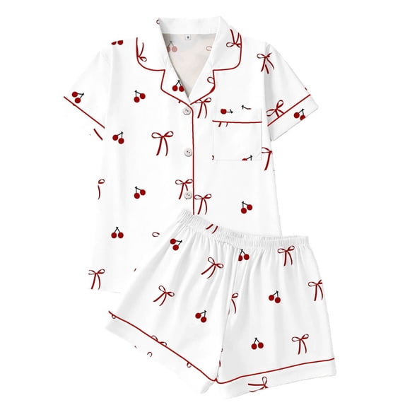 MEZZALL Women's 2 Piece Pajama Set Short Sleeve Button Down Tops With Shorts Sleepwear with Cherry Bow Print & Chest Pocket Cute Summer Loungewear Set Breathable Pjs