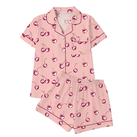 MEZZALL Women's 2 Piece Pajama Set Short Sleeve Button Down Tops With Shorts Sleepwear with Cherry Print & Chest Pocket Cute Summer Loungewear Set Trendy Pjs