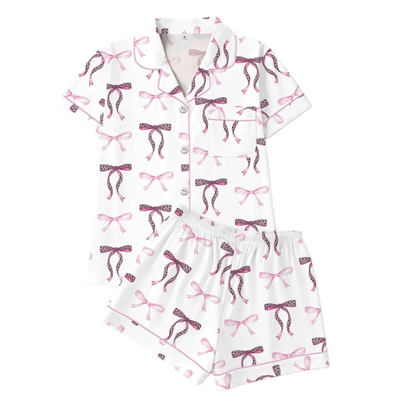 MEZZALL Women's 2 Piece Pajama Set Short Sleeve Button Down Tops With Shorts Sleepwear with Leopard Bow Print & Chest Pocket Cute Summer Loungewear Set Holiday Pjs