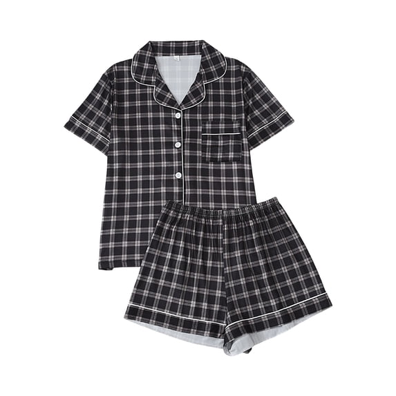 MEZZALL Women's 2 Piece Plaid Pajama Set Short Sleeve Button Down Shirt and Shorts with Chest Pocket Sleepwear Trendy Pjs