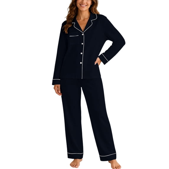 MEZZALL Women's 2 Piece Solid Color Pajama Set Lapel Long Sleeve Button Shirt Matching Straight Pants Casual Nightwear