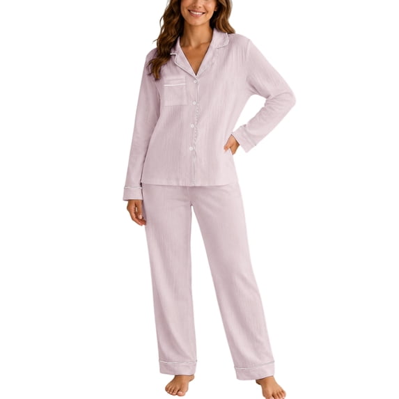 MEZZALL Women's 2 Piece Solid Color Pajama Set Lapel Long Sleeve Button Shirt Matching Straight Pants Casual Nightwear