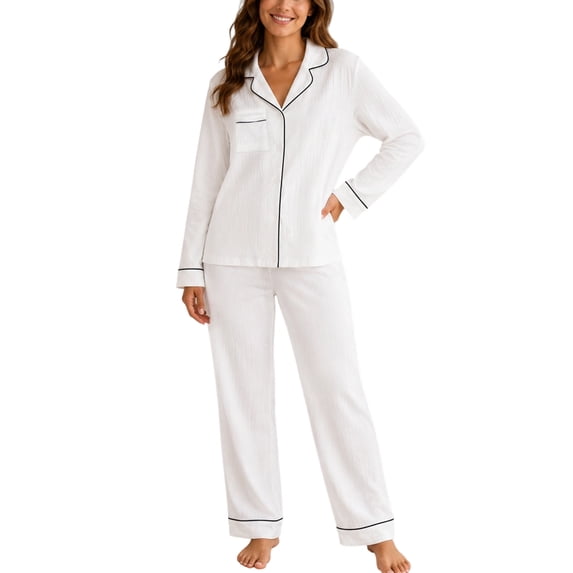 MEZZALL Women's 2 Piece Solid Color Pajama Set Lapel Long Sleeve Button Shirt Matching Straight Pants Casual Nightwear