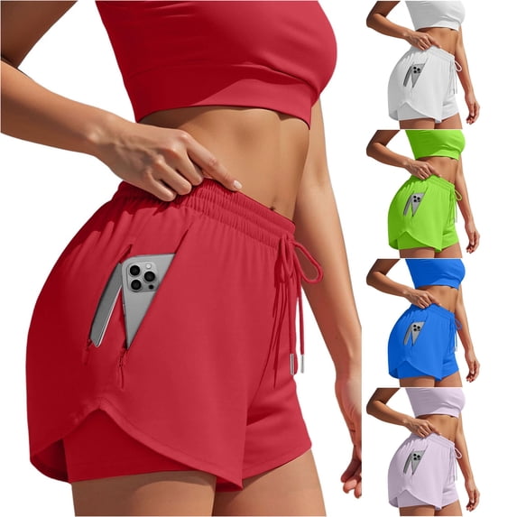 MEZZALL Women's Athletic Running Shorts Quick Dry Lightweight Workout Gym Shorts with Zipper Pockets Solid Color Summer Workout Bottoms , Red