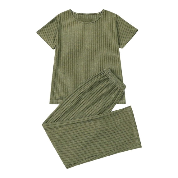 MEZZALL Women's Basic Ribbed Pajama Set Short Sleeve Crew Neck Top with Matching Elastic Waist Pants Cozy Two Piece Loungewear Fashionable Pjs