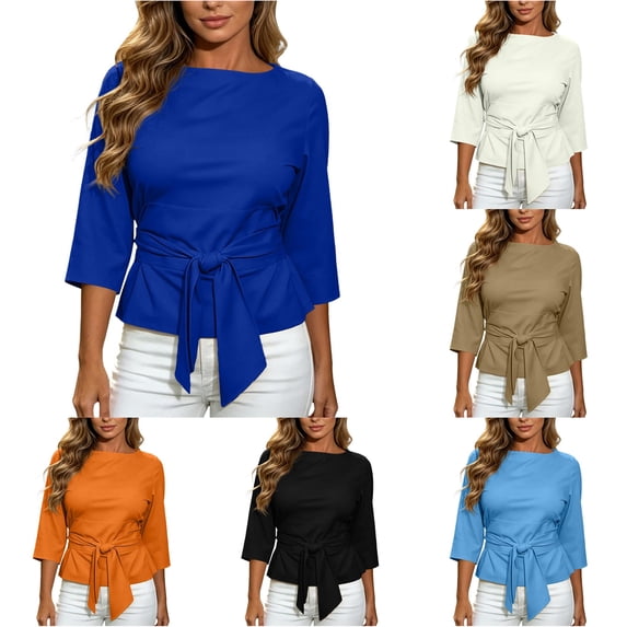 MEZZALL Women's Boat Neck 3/4 Sleeve Blouse Tie Waist Peplum Wrap Crop Tops Office Work Shirt Breathable Solid Color Streetwear