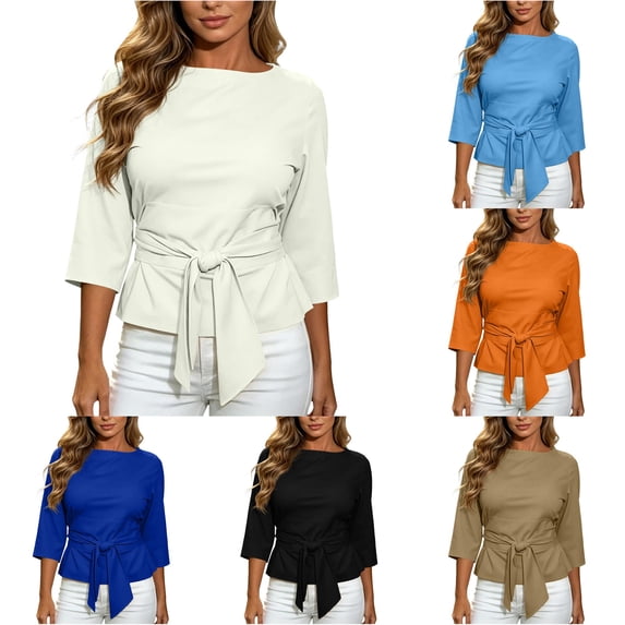 MEZZALL Women's Boat Neck 3/4 Sleeve Blouse Tie Waist Peplum Wrap Crop Tops Office Work Shirt Soft Solid Color Streetwear