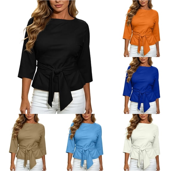MEZZALL Women's Boat Neck 3/4 Sleeve Blouse Tie Waist Peplum Wrap Crop Tops Office Work Shirt Trendy Solid Color Streetwear