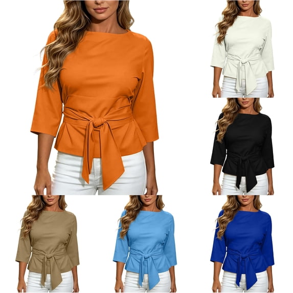 MEZZALL Women's Boat Neck 3/4 Sleeve Blouse Tie Waist Peplum Wrap Crop Tops Office Work Shirt Versatile Solid Color Streetwear