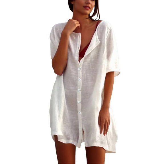 MEZZALL Women's Chiffon Shirt Dresses Summer Dresses Mid Length Loose Solid Color Short Sleeved Comfortable Loose Shirt Casual Business Shift Dress Birthday