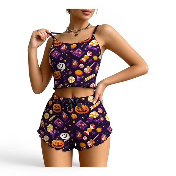 MEZZALL Women's Halloween Printed Cami Pajama Set Spaghetti Strap Crop Tops Ruffle Shorts 2 Piece Sleepwear Loungewear for Bedroom
