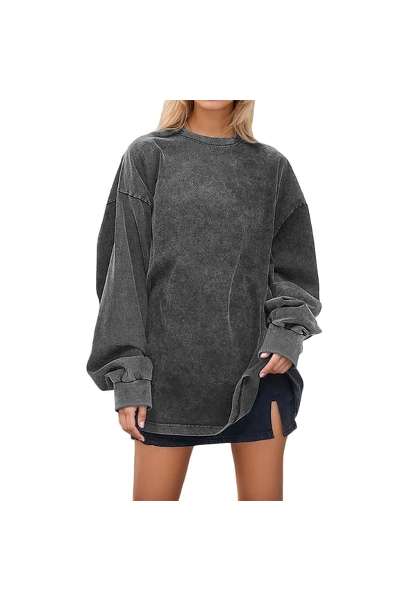 Women's Heavyweight Distressed Sweatshirt Long Sleeve Crewneck Pullover Washed Loose Fit Casual Tops For Fall Winter Holiday Clothing