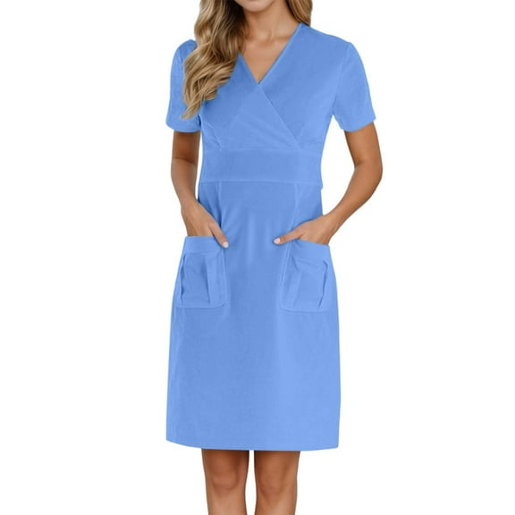 MEZZALL Women's Nurse Scrubs Dress Pocket Working Short Sleeve V Neck Solid Color Working Comfy Nursing Casual Dresses Workwear Holiday