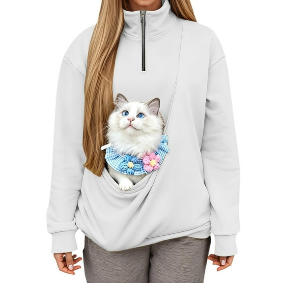 MEZZALL Women's Pouch Sweatshirt With Pocket And Sling For Cats Hoodless Quarter Zip Comfortable Soft Pullover Casual Sweatshirts Tops Cat & Small Dog Carrier