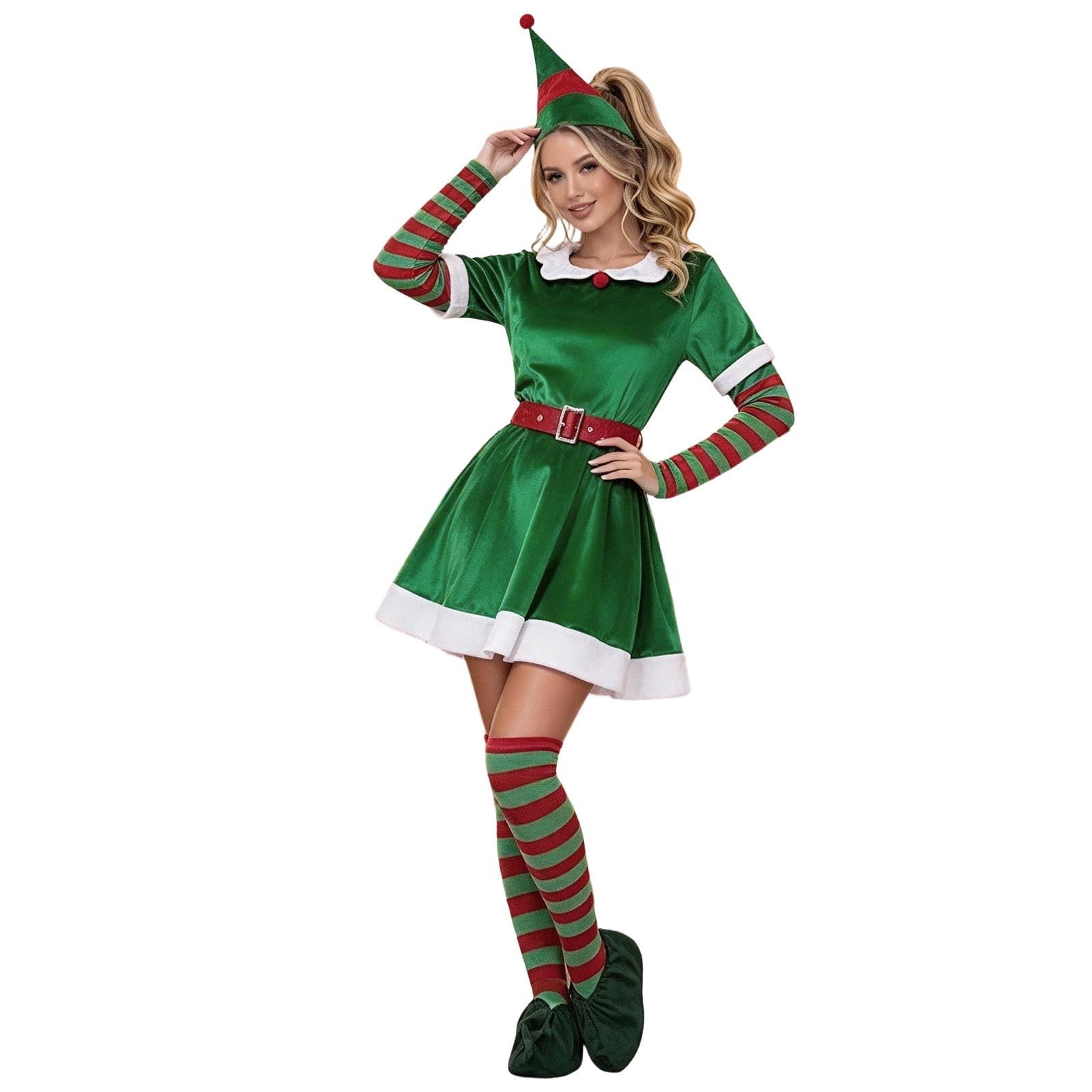 MEZZALL Womens Christmas Elf Set, Green Velvet Elf Dress with Elf Hat ...