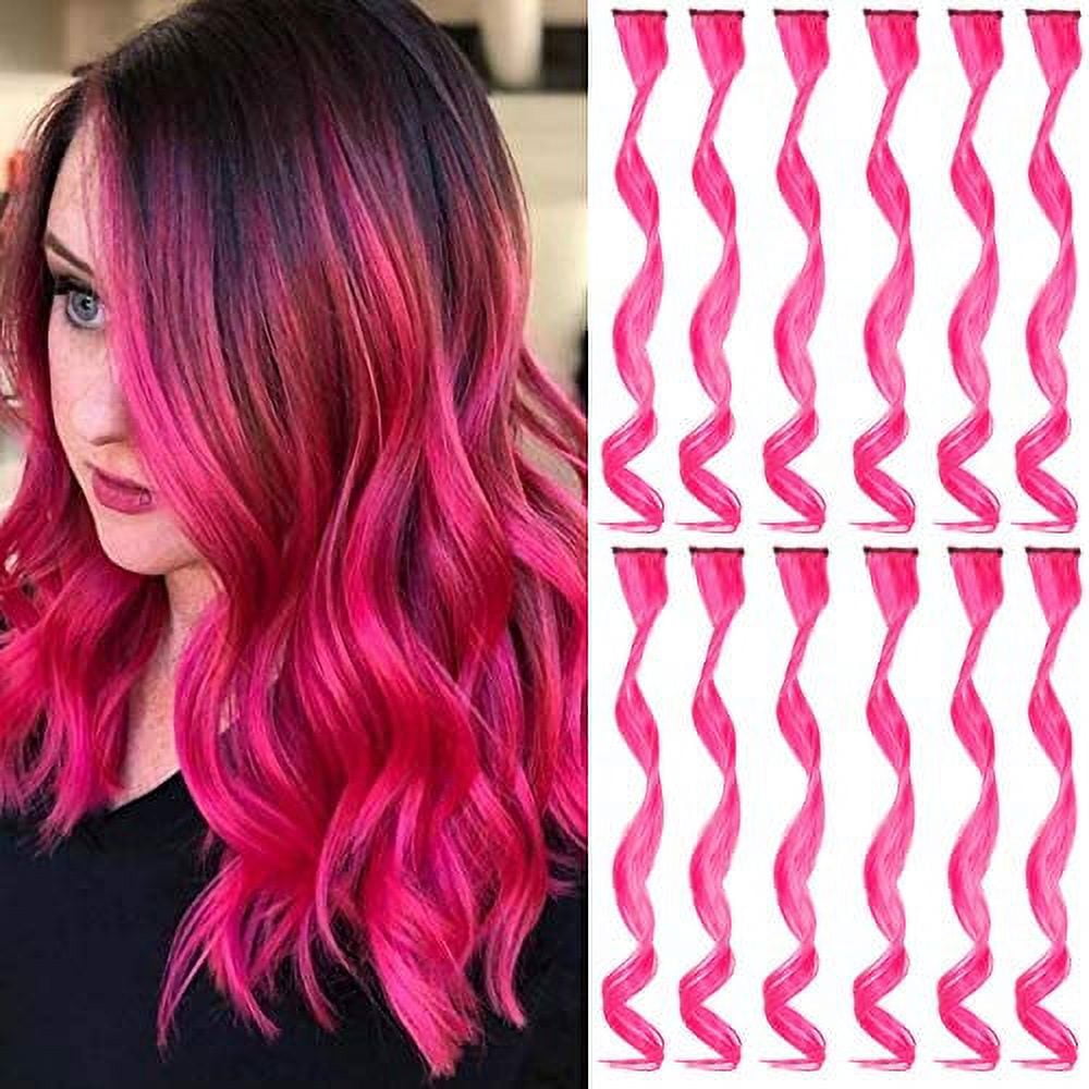 12 PCS Pink Hair Extensions Clip in, Colored Party Highlights
