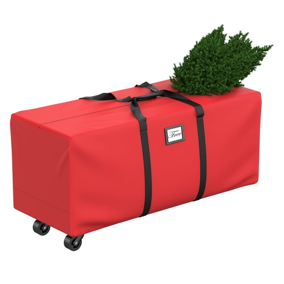 MF-Christmas Tree Storage Bag (Red Fabric + Black Webbing) - 9FT, 60x18x28 inches with Wheels