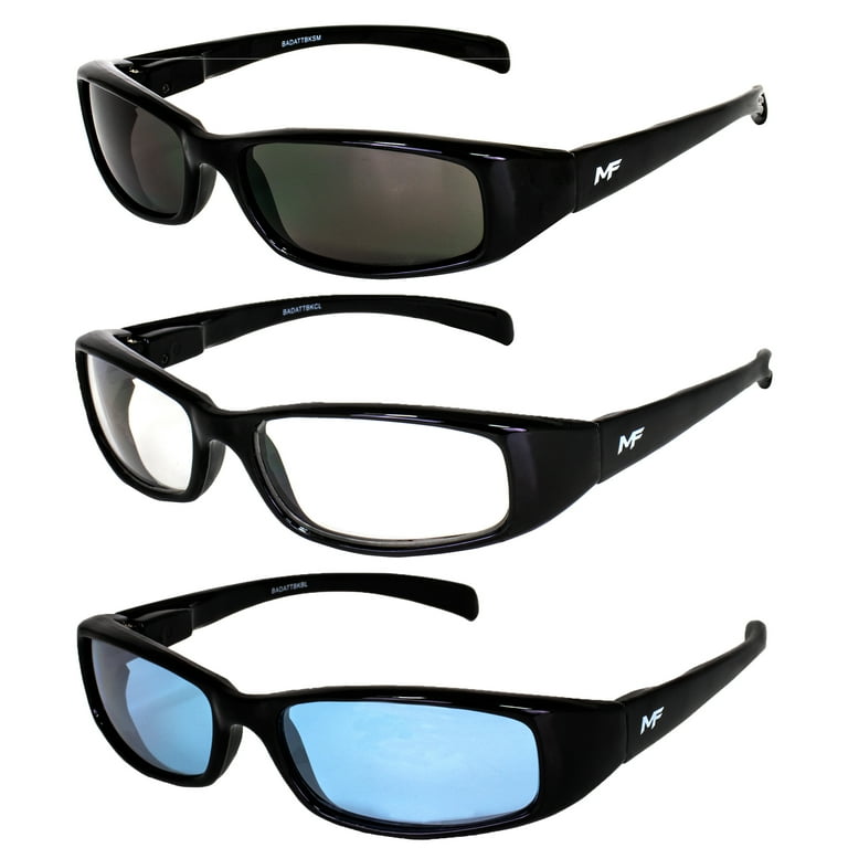 MF Eyewear Bad Attitude Motorcycle Glasses Shatterproof Polycarbonate Black Frame UV400 Filter Scratch Resistant Motorcycle Riding Glasses 3 Pack