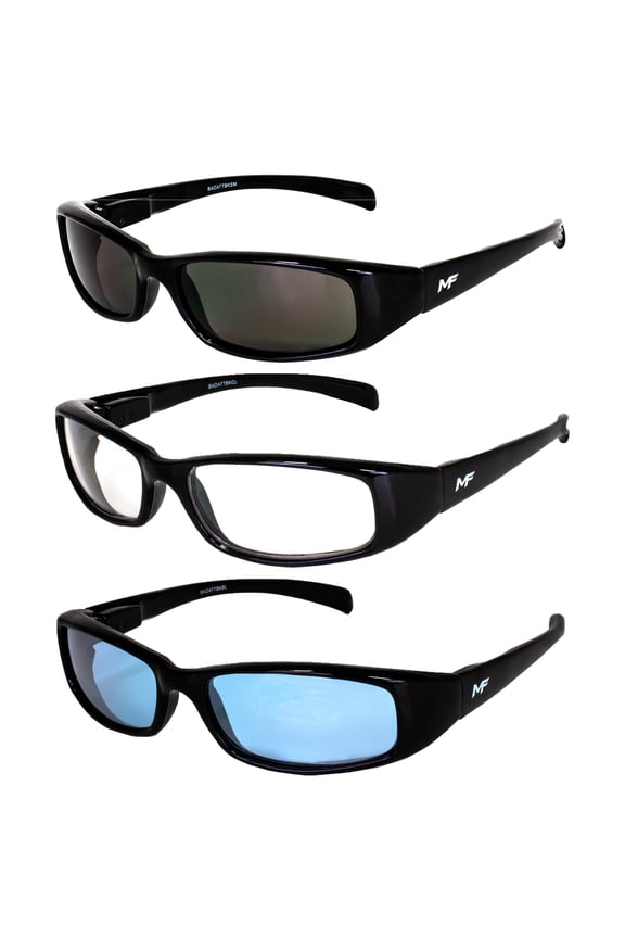 Eyewear Bad Attitude Motorcycle Glasses Shatterproof Polycarbonate Black Frame UV400 Filter Scratch-Resistant Motorcycle Riding Glasses 3-Pack Clear Smoke & Blue Lenses
