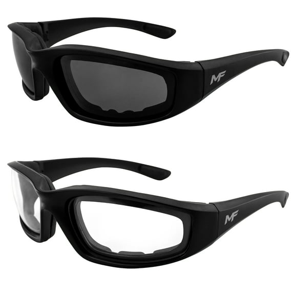 MF Eyewear Payback Padded Motorcycle Sunglasses 2 Pairs Black Frames, Polarized Smoke/Clear Lenses
