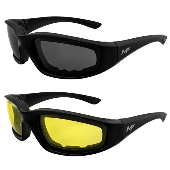 MF Eyewear Payback Padded Motorcycle Sunglasses 2 Pairs Black Frames, Polarized Smoke/Yellow Lenses