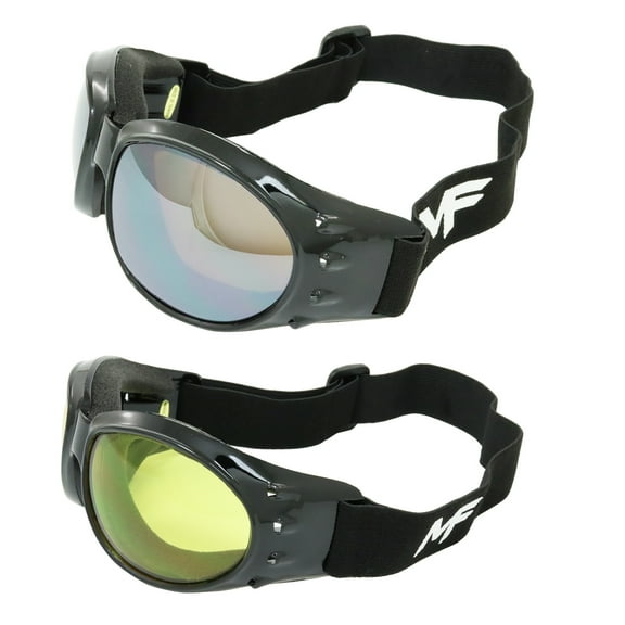 MF Eyewear Vulcan Padded Motorcycle Goggles 2 Pair Black Frame Yellow & Driving Mirror Lenses