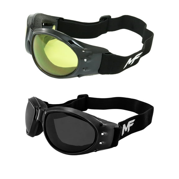 MF Eyewear Vulcan Padded Motorcycle Goggles 2 Pair Black Frame Yellow and Polarized Smoke Lenses