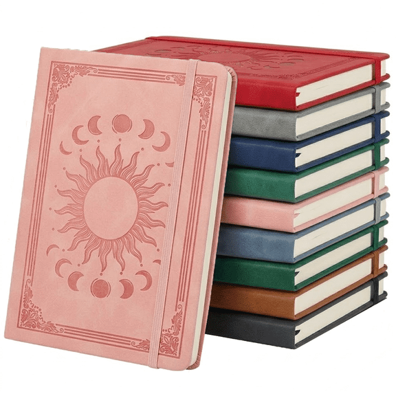 MF MENTAFLOW 10-Pack A5 Celestial Journals, Sun & Moon Embossed Leather Notebooks, 200 Pages 80GSM Wide Ruled, Lays Flat 180