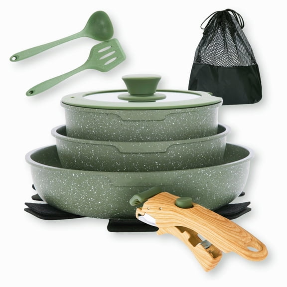 SUMMIT LIVING 10 Pieces Removable Handle Nonstick Cookware Set, Induction-Safe Granite Pots and Pans, Green