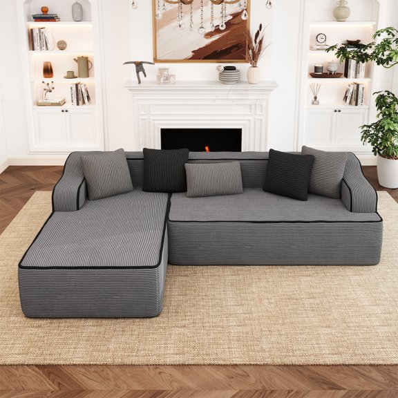 Summit Living 104.9" L-Shaped Modular Sectional Sofa with Deep Seat, Comfy Corduroy Cloud Couch, No Assembly Required, Dark Gray
