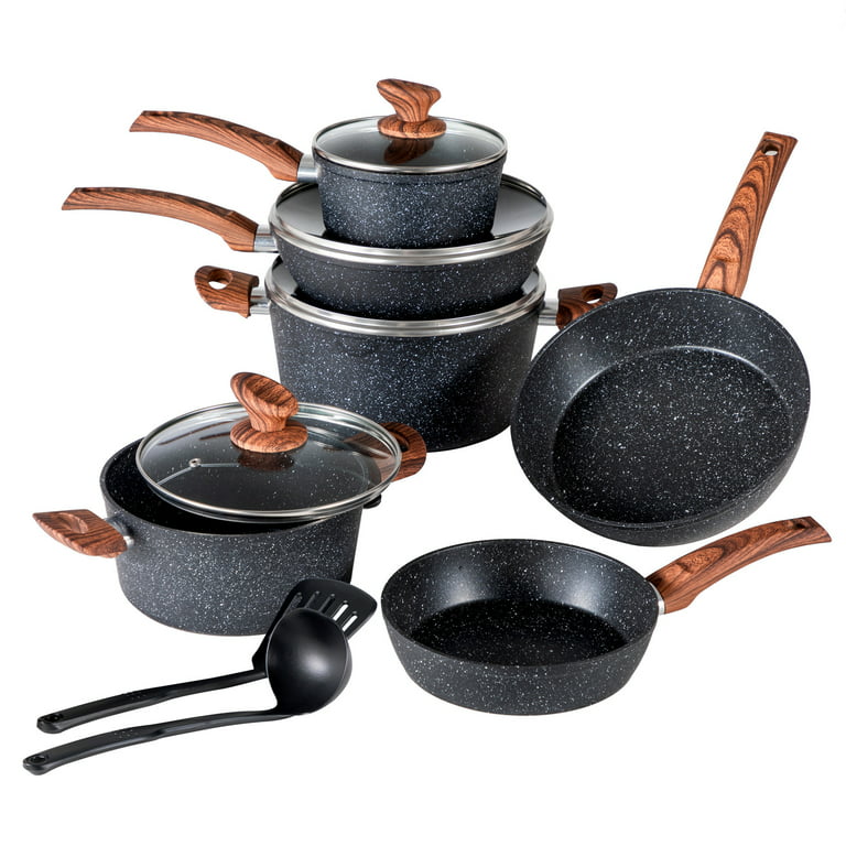 MF Studio 15-Piece Kitchen Cookware Set Pots and Pans Non-stick Set,  Hammered Granite Cookware with Lid, Black - Walmart.com