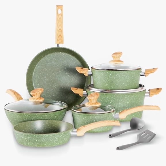 MF Studio 12 Pieces Cookware Set Granite Nonstick Pots and Pans Set Induction Compatible, Green