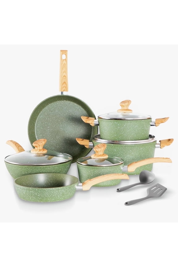 12 Pieces Cookware Set Granite Nonstick Pots and Pans Dishwasher Safe, Green