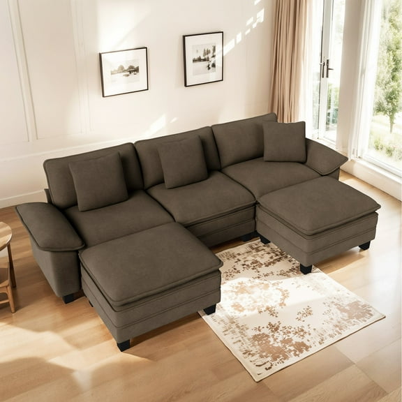 MF Studio 123.6" Sectional Sofa with Extra Deep Seat for Living Room, 5-Seat Chenille U Shaped Cloud Couch with 3 Pillows, Grayish Brown