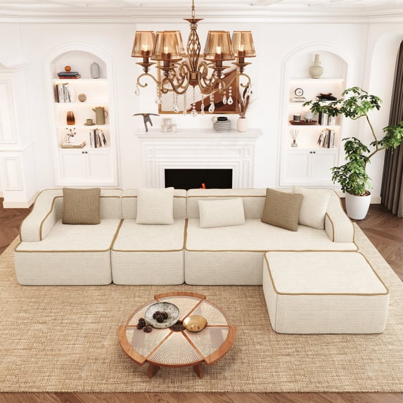 SUMMIT LIVING 134" Modular Sectional Sofa with Deep Seat, L-Shaped Comfy Corduroy Cloud Couch with Ottoman, No Assembly Required, Beige