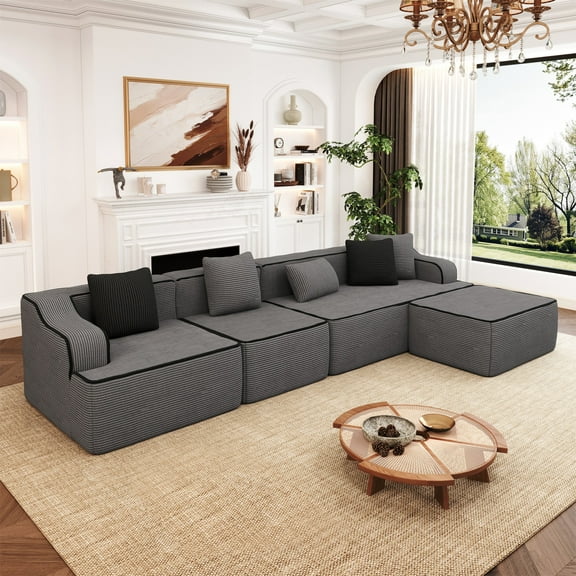 MF Studio 134" Modular Sectional Sofa with Deep Seat, L-Shaped Comfy Corduroy Cloud Couch with Ottoman, No Assembly Required, Dark Gray