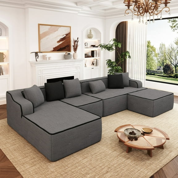 MF Studio 134" Modular Sectional Sofa with Deep Seat, U-Shaped Comfy Corduroy Cloud Couch with Ottoman, No Assembly Required, Dark Gray