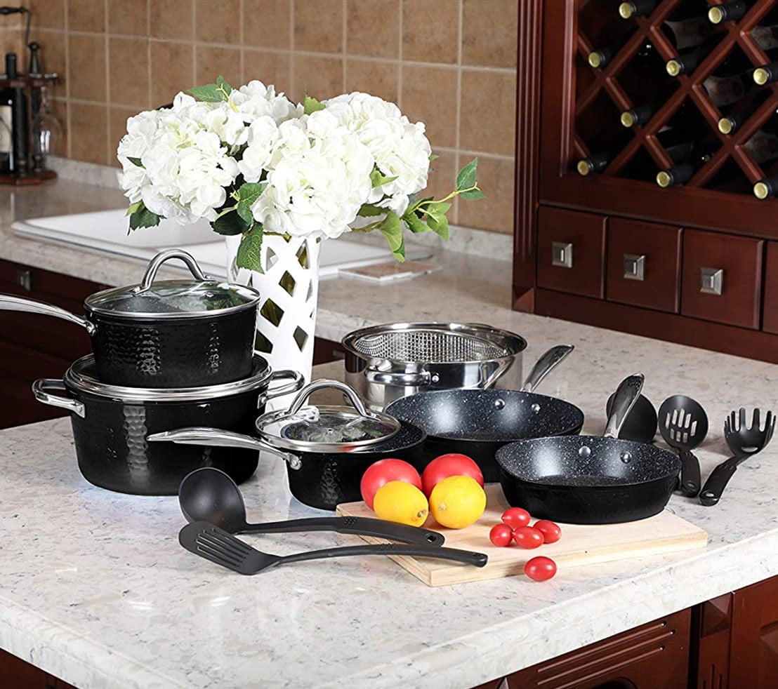 MF Studio 15 Pieces Cookware Set Granite Nonstick Pots and Pans Dishwasher  Safe Black - Yahoo Shopping