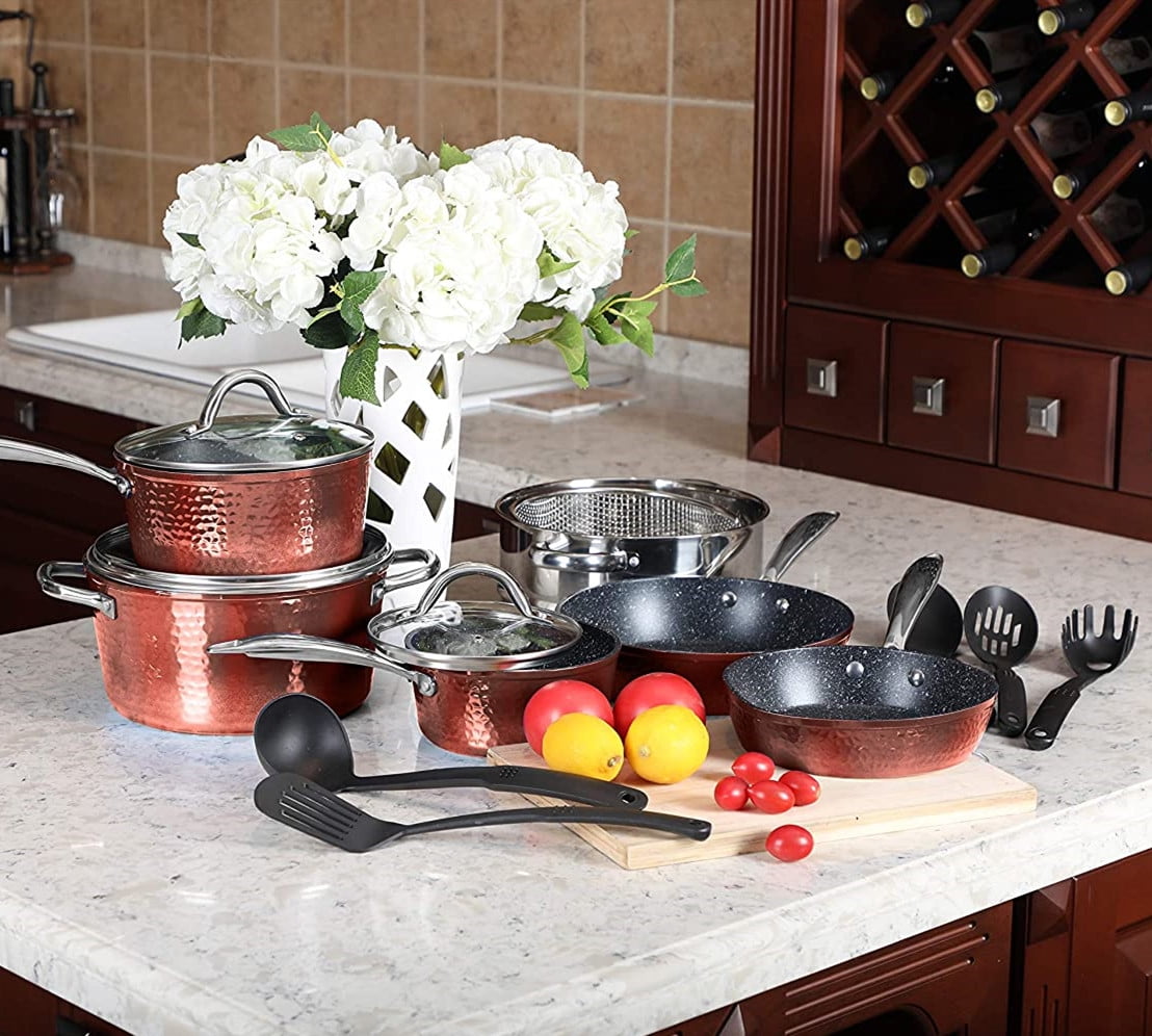 MF Studio 15 Piece Nonstick Kitchen Cookware Sets - Granite Hammered Pots  and Pans Set, Induction & Dishwasher Safe (Gold) 