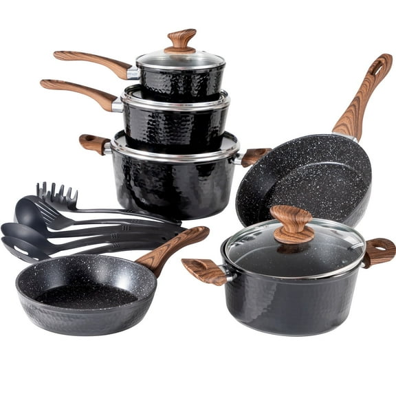MF Studio 15 Pieces Cookware Set Granite Nonstick Pots and Pans Dishwasher Safe Black