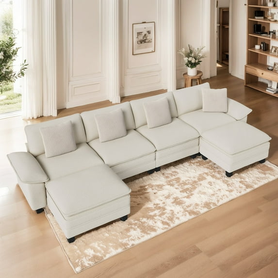 MF Studio 157.5" Sectional Sofa with Extra Deep Seat for Living Room, 6-Seat Chenille U Shaped Cloud Couch with 4 Pillows, White