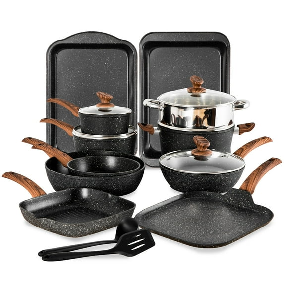 MF Studio 17 Pieces Cookware & Bakeware Set Granite Nonstick Pots and Pans Set, Black
