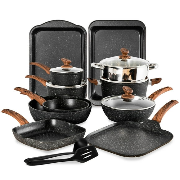 MF Studio 17 Pieces Cookware & Bakeware Set Granite Nonstick Pots and Pans, Black