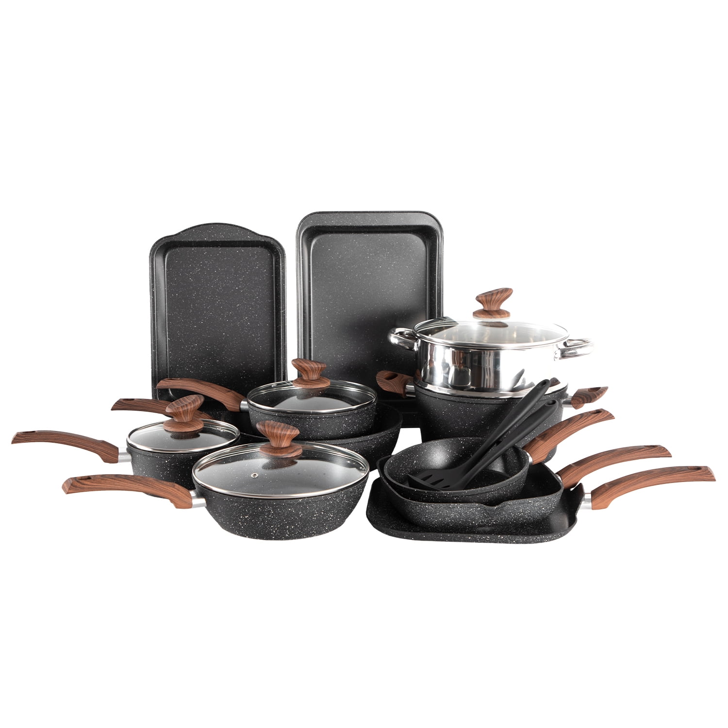 Kitchen Academy Induction Cookware Set-17 Piece Non-stick Cooking Pan Set,  Black Granite Pots and
