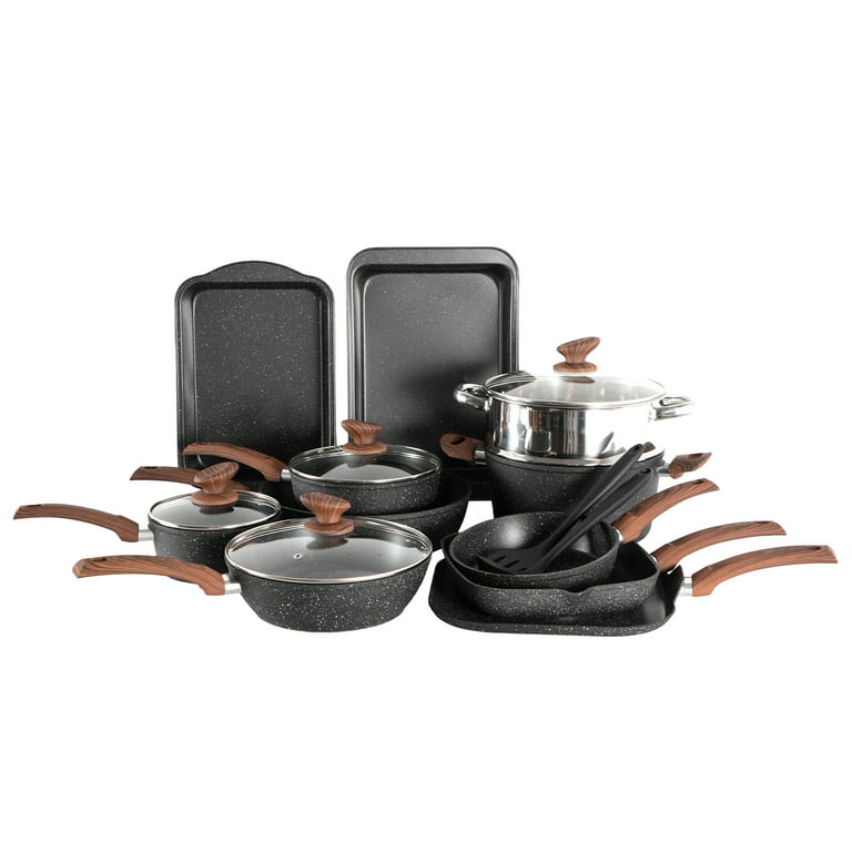 Kitchen Academy Induction Cookware Set-17 Piece Non-stick Cooking Pan Set,  Black Granite Pots and Pans Set