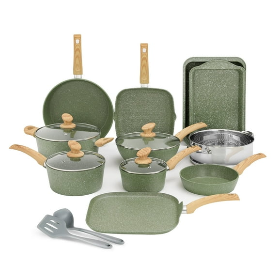 MF Studio 17 Pieces Cookware & Bakeware Set Granite Nonstick Pots and Pans, Green